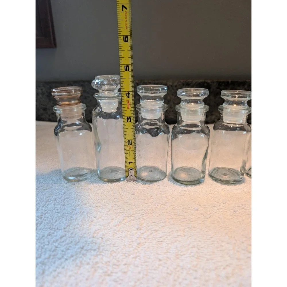 6 Vintage Clear Glass Apothecary Spice Jars/Bottles w/Stoppers Wagner Japan